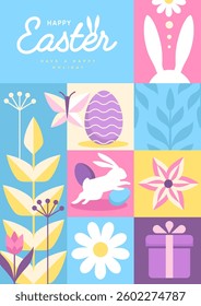 Holiday flat Easter poster with rabbit, Easter eggs, willow branch and flowers. Vector illustration