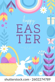 Holiday flat Easter poster with rabbit, Easter eggs, willow branch, rainbow and flowers. Vector illustration