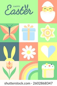 Holiday flat Easter poster with rabbit, Easter eggs, willow branch, chicken and flowers. Vector illustration