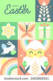 Holiday flat Easter poster with rabbit, Easter eggs, willow branch, chicken and flowers. Vector illustration