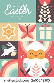 Holiday flat Easter poster with rabbit, Easter eggs, willow branch, chicken and flowers. Vector illustration