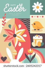 Holiday flat Easter poster with rabbit, Easter eggs, willow branch, chicken and flowers. Vector illustration