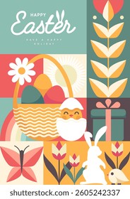 Holiday flat Easter poster with rabbit, Easter eggs, willow branch, chicken and flowers. Vector illustration