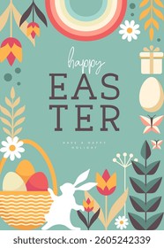 Holiday flat Easter poster with rabbit, Easter eggs, willow branch, rainbow and flowers. Vector illustration
