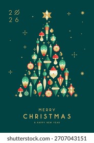 Cartel plano de Festiva con árbol de Navidad, juguetes de árbol, chucherías, adornos, adorno de árbol y decoraciones. Diseño de tarjeta de felicitación de Navidades. Ilustración vectorial.