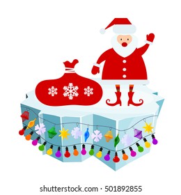 Holiday floe. Vector illustration of an ice floe with festive garlands and Santa Claus with a bag. Decorative lanterns, lights, snowflakes. Element of design and decoration