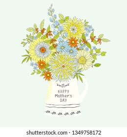 Holiday floral card for mothers day with bouquet flowers. Vector invitation illustration in retro style.