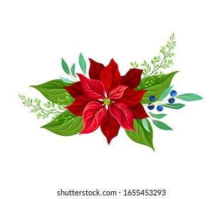Holiday Floral Composition Arranged From Red Christmas Flower and Blueberry Twig Vector Illustration