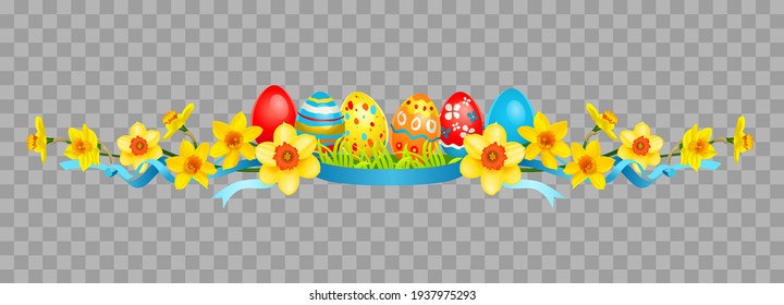 Holiday floral composition with daffodils and eggs. Border for decorate card, banner, ticket, leaflet, poster, invitation, congratulations and so on. Spring Easter floral border isolated