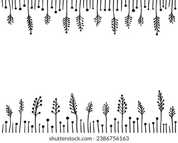 Patrón floral de vacaciones aislado en fondo blanco. Ramas arregladas en fila. Esbozo dibujado a mano. Textura decorativa para la superposición. Ilustración del vector
