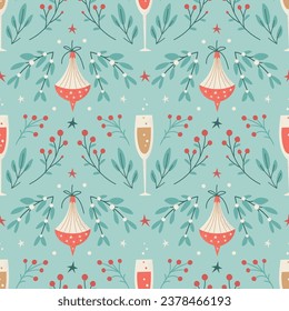Holiday floral seamless pattern with branches, berries, glasses of champagne and Christmas decorations. Xmas and New Year vector background for wrapping paper, textile, card on light background