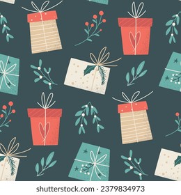 Holiday floral seamless pattern with Christmas branches with berries and gift boxes. Xmas and New Year vector background for wrapping paper, textile, card on dark background