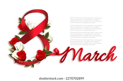 Holiday flower background with red and white roses and red ribbon. 8th March International Women Day celebration background. Vector.