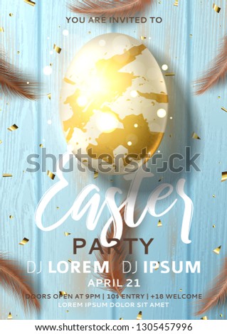 Holiday flyer for Easter party. Beautiful poster with realistic white and gold Easter egg and chicken feathers on wooden texture. Festive vector illustration. Invitation to nightclub.