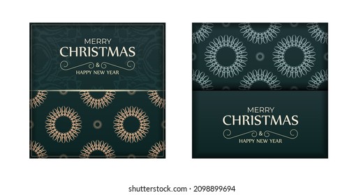 Holiday Flyer Merry Christmas and Happy New Year in dark green color with vintage yellow pattern