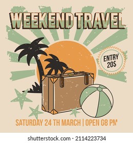 holiday flyer or poster template with ball suitcase object and coconut tree