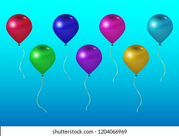 holiday flying realistic 3D glossy balls. Purple, turquoise, pink, blue, green, yellow and red birthday balls. Decoration element for design of invitation to a festive event