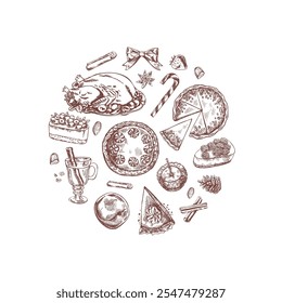 Holiday food and desserts illustration in vintage style