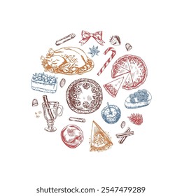 Holiday food and desserts illustration in vintage style