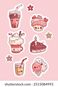 Conjunto de adesivos de comida e bebida de férias. Personagem kawaii isolado. Pedaço festivo bolo de chocolate, cupcake creme, sorvete, xícara com sobremesa, chá de bolha de vidro e limonada. Ilustração vetorial