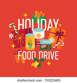 Holiday food drive themed poster or banner design. Winter season charity food bank vector concept illustration with canned food, candy canes and gift boxes