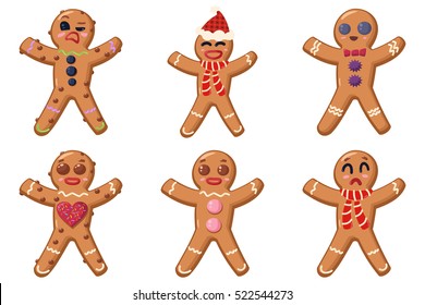 Holiday food. Gingerbread man cookies with different faces set. Vector illustration isolated on a white background.