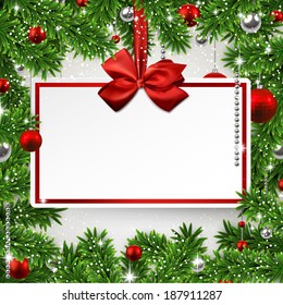 Holiday frame background with fir twigs and paper invitation card. Vector illustration. 