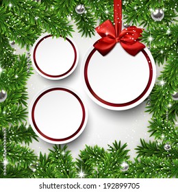 Holiday frame background with fir twigs and paper christmas balls. Vector illustration. 