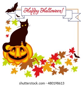 Holiday frame with black cat, maple leaves and pumpkin.Original design element for greeting cards, invitations, prints. Vector clip art.