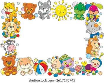 Holiday frame border with colorful cute toy baby animals for little boys and girls, vector cartoon illustration isolated on a white background