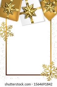 Holiday frame with bows and gift boxes. Vector illustration