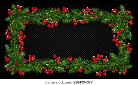 Holiday frame of Christmas tree branches with red holly berries and white snow. Banner, poster or card decoration with border of green pine or fir twigs with mistletoe, vector realistic illustration