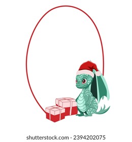 Holiday frame with cute dragon in Santa Claus hat with gift boxes. Vector illustration