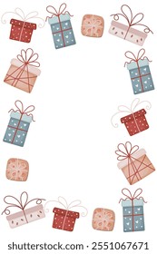 Ferienrahmen mit süßen Geschenkboxen.  Gut für Grußkarte, Poster, Banner, Dekor, Label, Geschenkdesign.