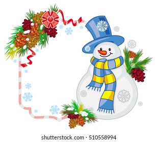 Holiday frame with cute snowman, pine branches and cones. Christmas design element. Vector clip art.