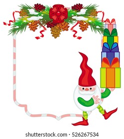 Holiday frame with decorations and Christmas elf. Copy space. Christmas background. Vector clip art.