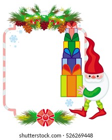 Holiday frame with decorations and Christmas elf. Copy space. Christmas background. Vector clip art.