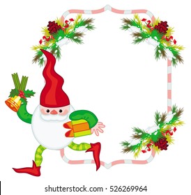 Holiday frame with decorations and Christmas elf. Copy space. Christmas background. Vector clip art.