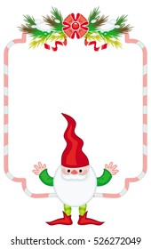 Holiday frame with decorations and Christmas elf. Copy space. Christmas background. Vector clip art.