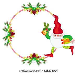 Holiday frame with decorations and Christmas elf. Copy space. Christmas background. Vector clip art.