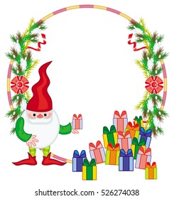 Holiday frame with decorations and Christmas elf. Copy space. Christmas background. Vector clip art.