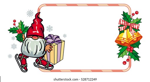 Holiday frame with decorations and funny gnome. Copy space. Christmas background. Vector clip art.