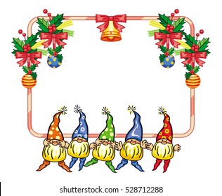 Holiday frame with decorations and funny gnome. Copy space. Christmas background. Vector clip art.