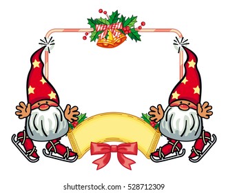 Holiday frame with decorations and funny gnome. Copy space. Christmas background. Vector clip art.
