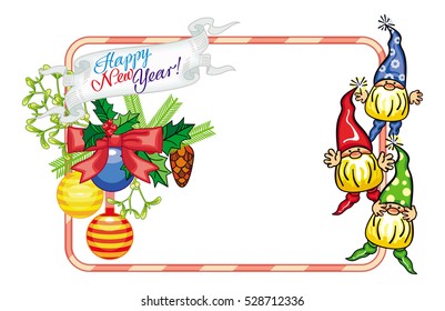 Holiday frame with decorations and funny gnome. Copy space. Christmas background. Vector clip art.