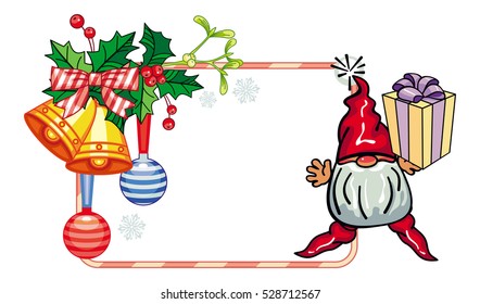 Holiday frame with decorations and funny gnome. Copy space. Christmas background. Vector clip art.