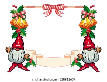 Holiday frame with decorations and funny gnome. Copy space. Christmas background. Vector clip art.