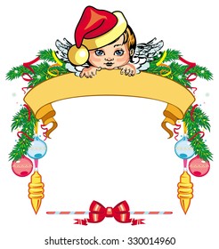 Holiday frame with little angel and Christmas decorations