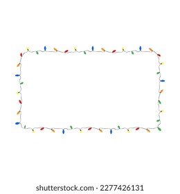 Marco de vacaciones con luces de Navidad multicolor para las tierras de cultivo. Decorando tarjetas navideñas con luces y guirnaldas. Vector de caricatura aislado en fondo blanco