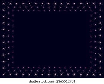 Holiday frame. Pattern of bright sparkling magical neon multi-colored particles, sparks and stars shining with special light. Christmas abstract vector pattern on dark background. 